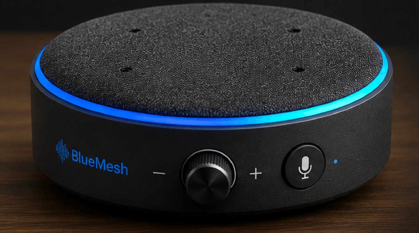 BM Device on a desk: a low black cylinder with a fabric top, a lit blue ring around it, a volume dial and a microphone button on the front.